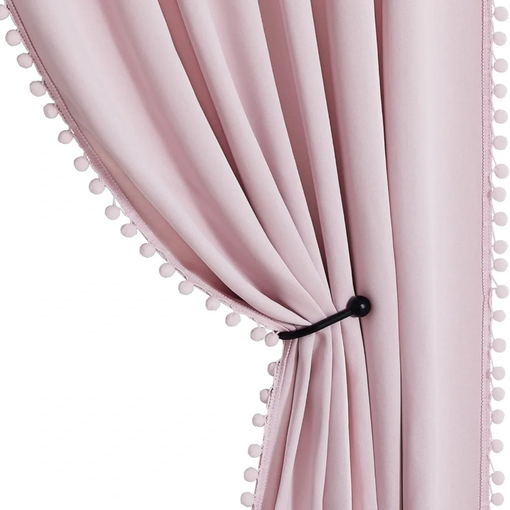 Dusty Pink Pom-Pom Trim Curtains - Stylish Window Drapes
